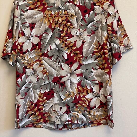 Vintage L Hawaiian button down blouse gray red orange tropical Tan Jay polyester - Picture 6 of 7